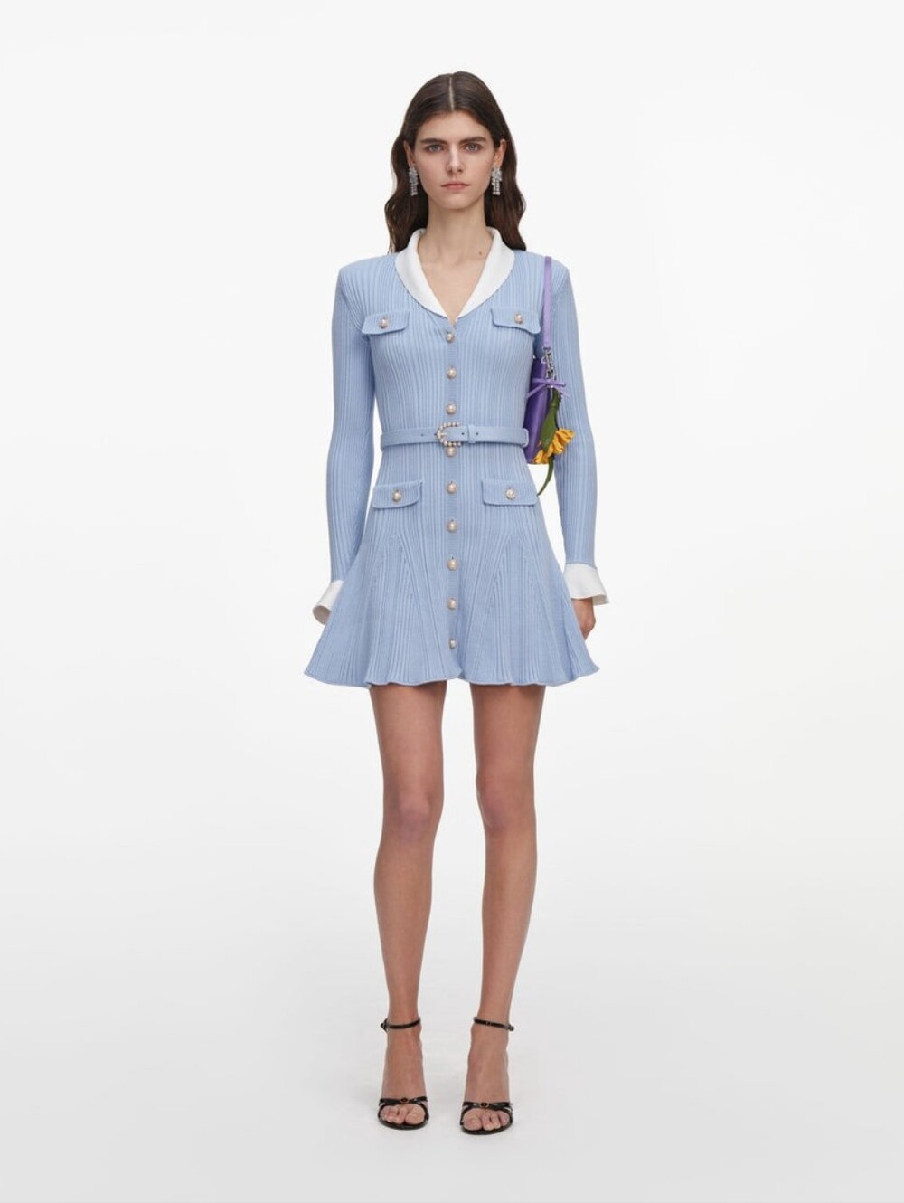 Self Portrait Blue Ribbed Knit Mini Dress